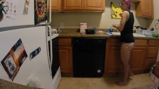 Cute Teen Bakes Brownies in Fishnets (no sound)