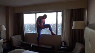 spider shoots onto hotel window