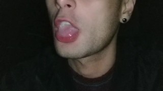 Swallowing anonymous cum after sucking cock in totally dark outside