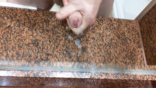 Masturbating and shooting thick load in hotel room bathroom on conference visit