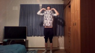 Very skinny boy shows off ribs and flexes his bones while masturbating