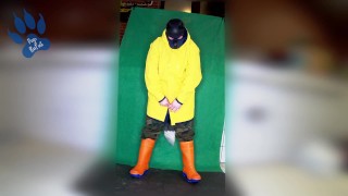 Raingear pup wanking outdoors during sunday walkies (nearly got caught)