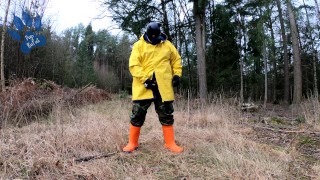 Raingear pup wanking outdoors during sunday walkies (nearly got caught)