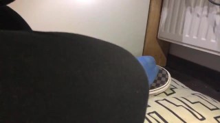 Male Shoeplay in Vans Slip ons and blue puma socks