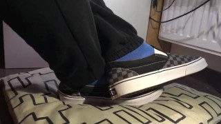 Male Shoeplay in Vans Slip ons and blue puma socks