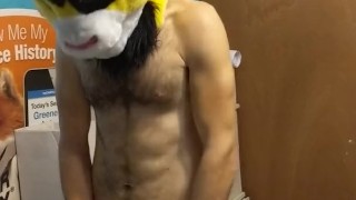 Humping a yellow rabbit toy in a yellow rabbit head lol