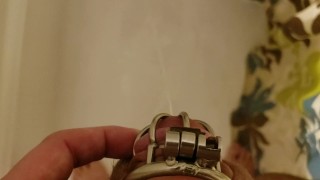 Guy Pees in the Shower while still in Chastity