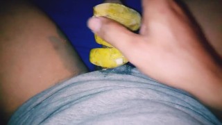 Asian solo male jerking off and rub cock with banana until cumshot