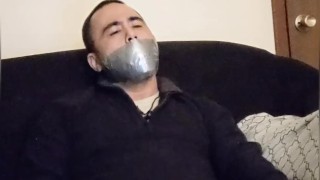 Gagged: Jerking off for Button while duct taped