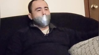Gagged: Jerking off for Button while duct taped