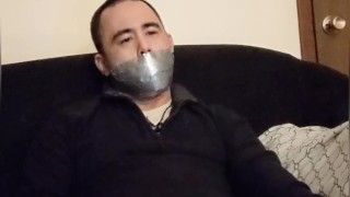 Gagged: Jerking off for Button while duct taped