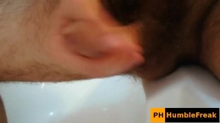 Gorgeous cumshot after jerking uncut tight foreskin dick