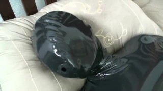Black Latex Catsuit Encasement With Rubber Mask And Breathplay Masturbation