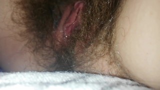 Quick masturbation in the bed Hairy pussy close up orgasm big clit 