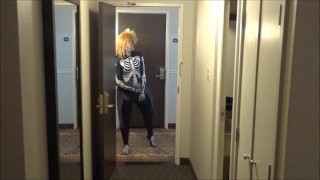 skeleton in wetsuit cums in hall