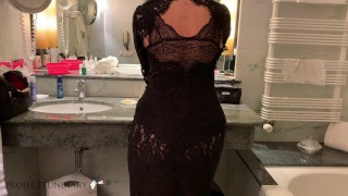 bathroom sex after business dinner in lace dress pantyhose highheels pov