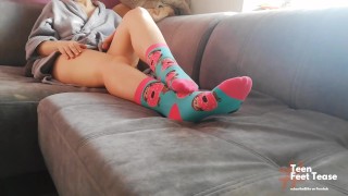 PRETTY GIRL PUT ON FUNNY PINEAPPLE SOCKS & SHOW NYLON FEET