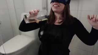 Master tells me to piss in a glass and pour it over my big boobs