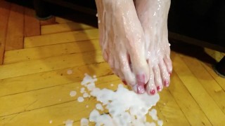 Yogurt cums on my feet. Close - OlgaNovem