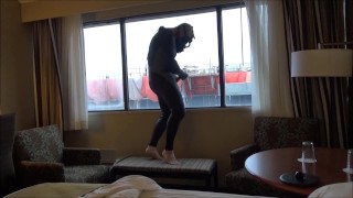 quick wetsuited cum on window for construction workers