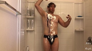 Dude In Jock Takes a Whipped Cream & Chocolate Shower