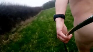 500 naked barefoot steps in a field near a busy road 