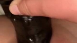 Huge BBC dildo fucks tight white pussy