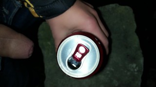 Sweetening friend´s energy drink with cum - Outdoor cumshot into can