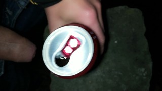 Sweetening friend´s energy drink with cum - Outdoor cumshot into can