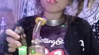 Hippie Chick Smoking Double Perc Bong