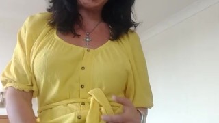Mature transexual wanking her cock with His tits out again