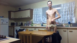 VERY SKINNY TEEN WEARS HIS STEPMOMS PANTIES AND MASTURBATES IN THE KITCHEN!