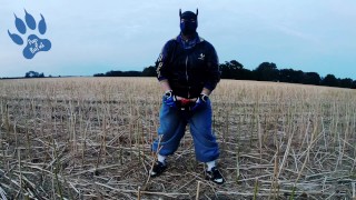 Baggy-Skater-Pup pawing off out on field sniffing Airmax 270