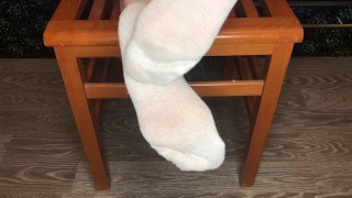 School girl in dirty white socks show stinky foot sniffing pov