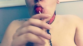 BBW in collar sucking lollipop and thinking of your cock 