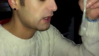 Craziness?! Twink drinks cum of used condom under a bridge