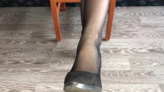 Student girl in black nylon show shoes and stinky foot mistress stockings