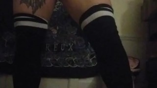 Slut in thigh highs rides dildo
