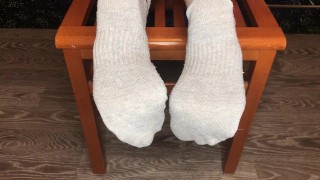 Teen student girl after gym show gray nike socks and foot femdom pov
