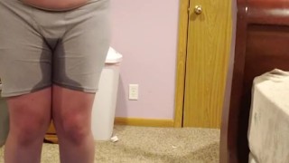 Desperately peeing in boxers, chunky ftm can't help but to piss in bedroom