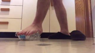 Crushing different bottles, first with slippers, then my barefeet