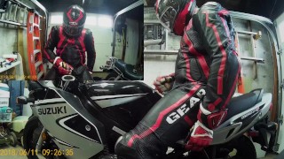 Biker Cums in Full Leathers on Bike
