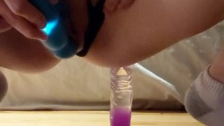 Blonde with a silicone dildo & vibrator equals double fun