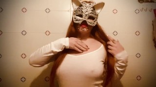 Natural redhead big natural boobs with sexy cat mask