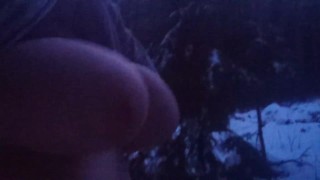 Public Play White chick plays with her huge tits in the cold, side of the road
