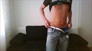 Hot twink striptease with Cum on sexy shiny shorts