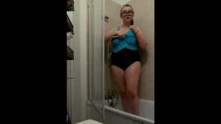 BBW Penny showering in black swimsuit