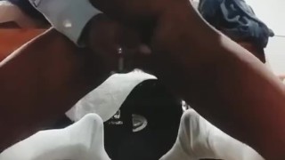 stroking out a load in long socks