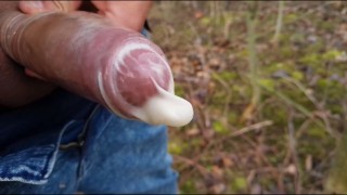 Edging with condom = creamy precum , two horny cumshots + foamy cum mess