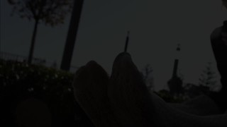 Mistress legs in white tights outdoor